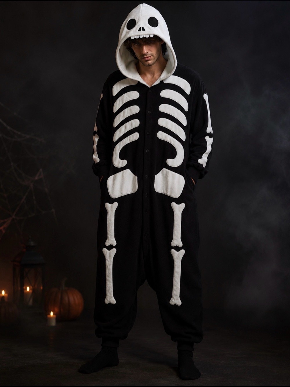 🎃 Black & White Skeleton Hooded Onesie Costume